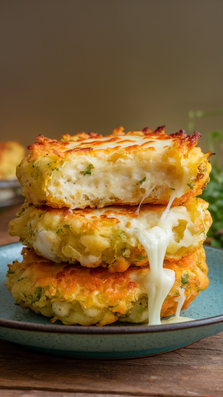 A stack of cheesy cauliflower fritters with gooey cheese oozing out, served on a blue plate.