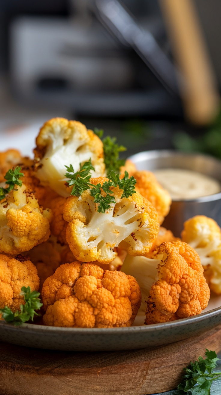Crispy air fryer cauliflower bites served on a plate with parsley and dipping sauce
