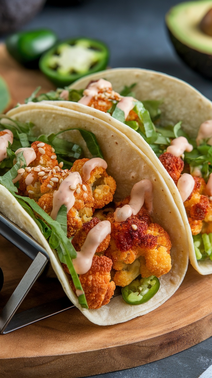 Crispy air fryer cauliflower tacos with sauce and toppings
