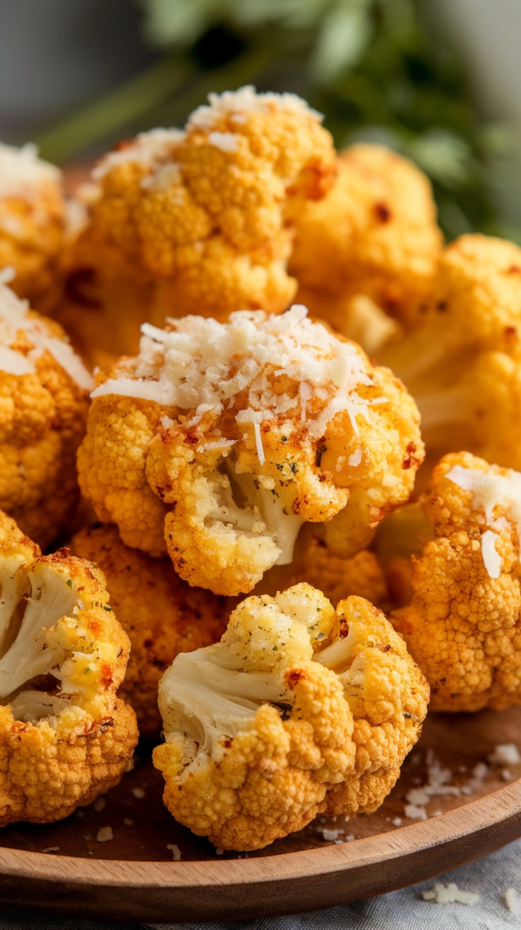 Crispy garlic parmesan air fryer cauliflower nuggets on a wooden plate.