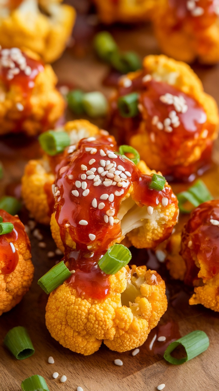 Honey Sriracha Air Fryer Cauliflower Bites topped with sesame seeds and green onions