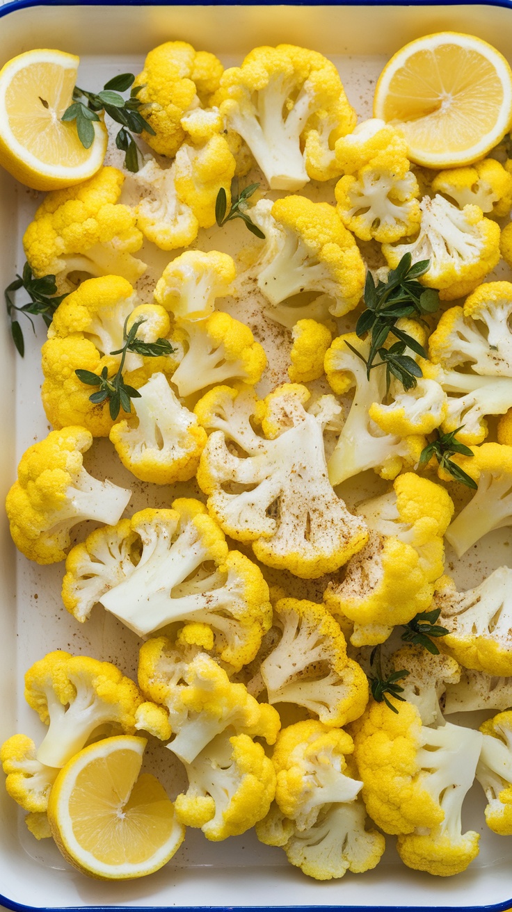 A tray full of yellow cauliflower florets with lemon slices and herbs, ready to be cooked in an air fryer.