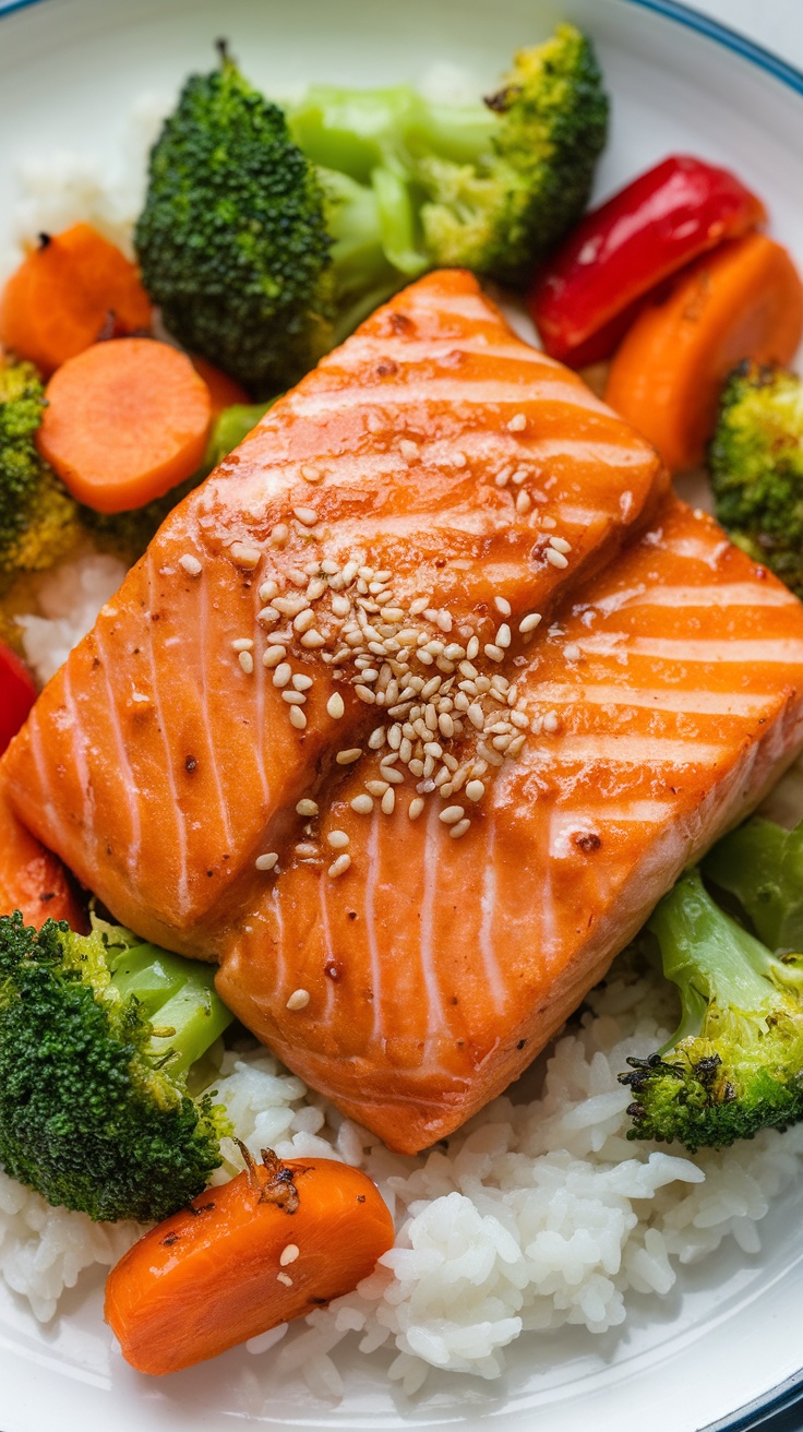 Oven-baked teriyaki salmon with colorful vegetables on a plate