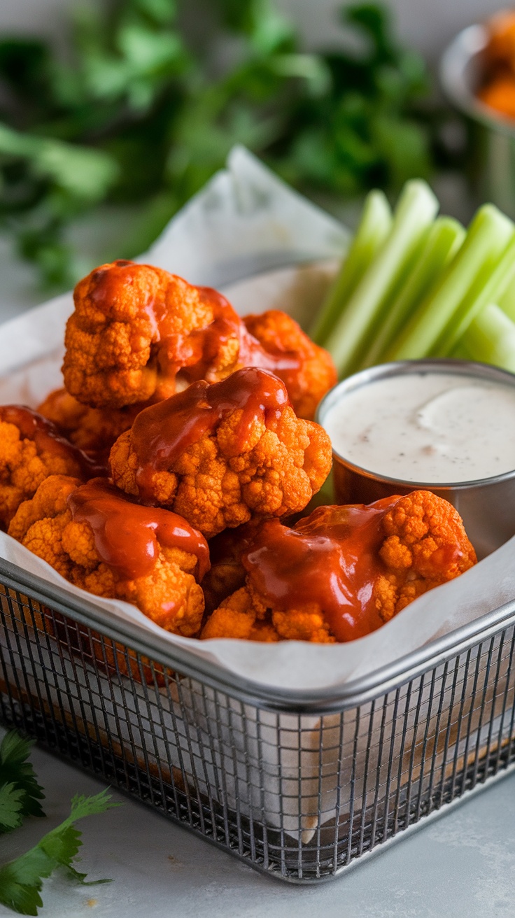 Crispy buffalo cauliflower wings served with ranch dressing and celery sticks