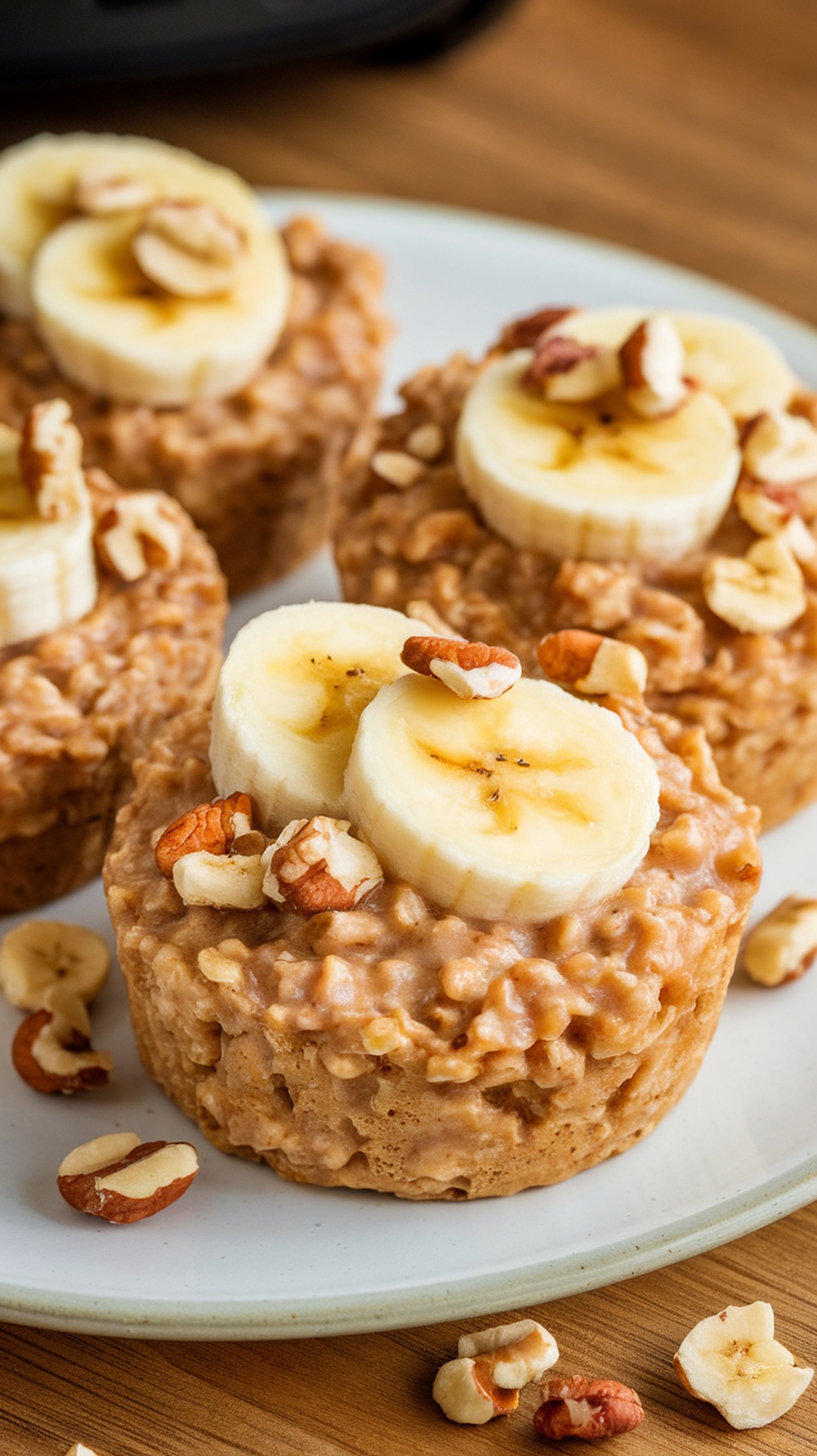 Delicious Air Fryer Banana Oatmeal Cups topped with banana slices and nuts