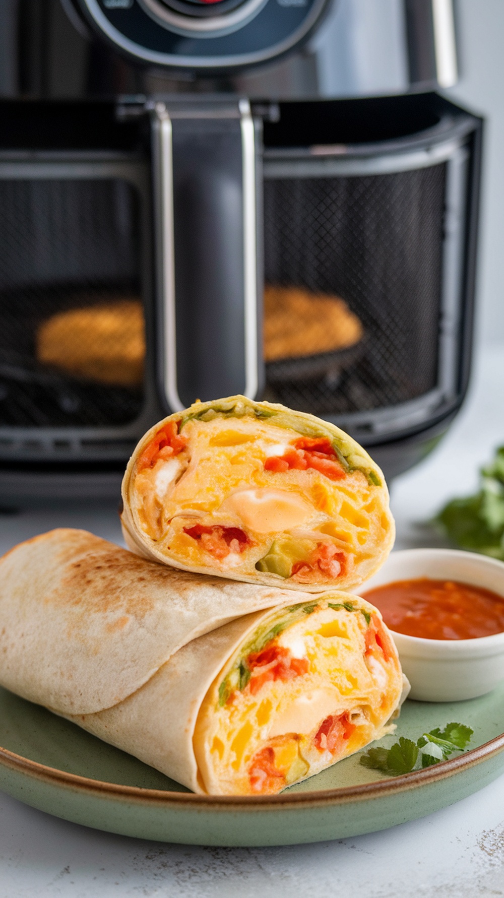 Delicious air fryer breakfast burritos on a plate with salsa
