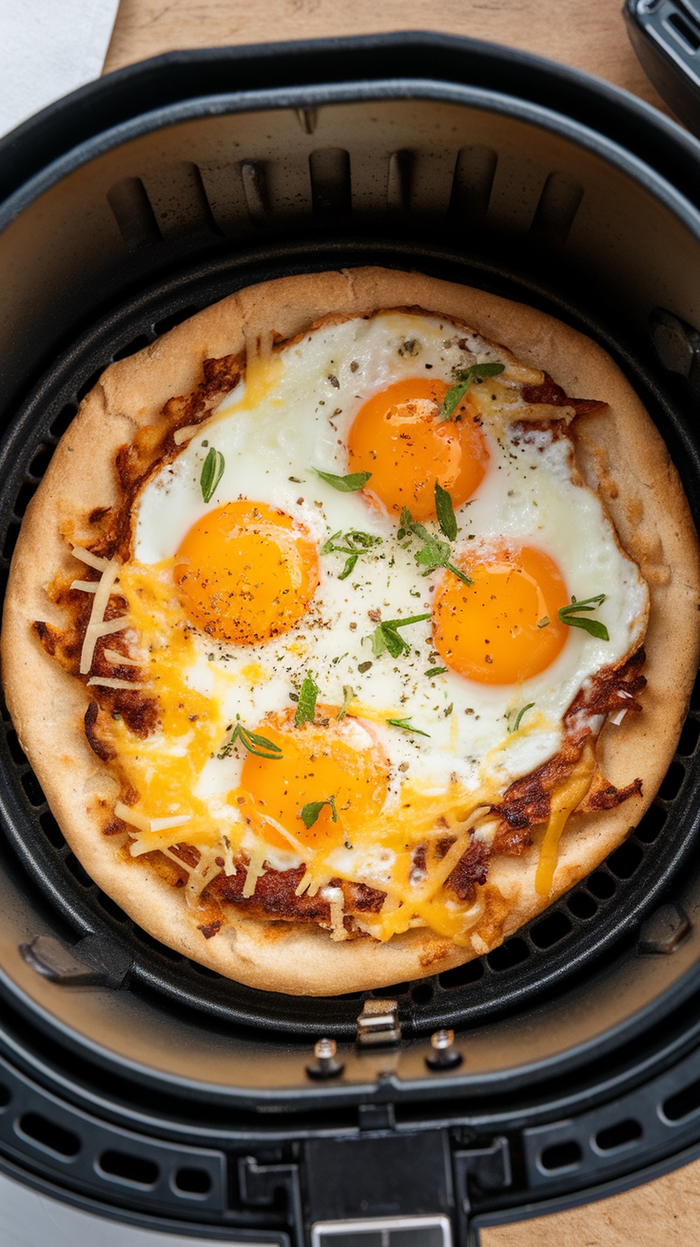 Delicious air fryer breakfast flatbread with eggs and cheese.