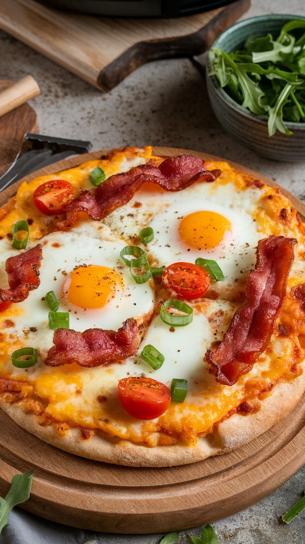 A delicious breakfast pizza topped with bacon, eggs, and cherry tomatoes.
