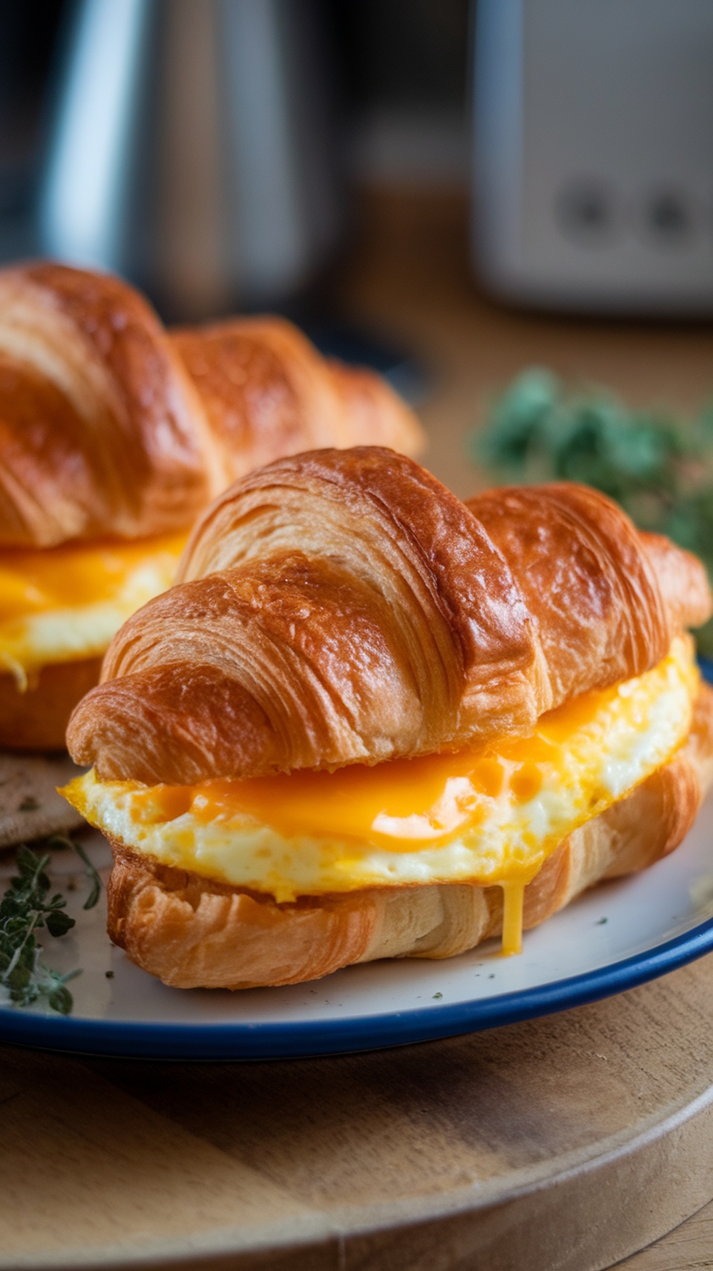 A delicious croissant sandwich filled with fluffy scrambled eggs and melted cheese.