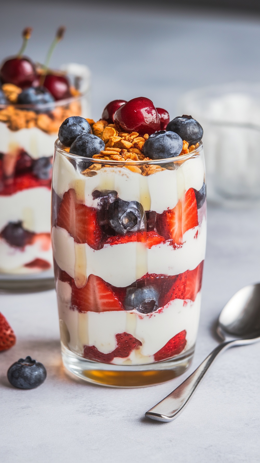 A delicious fruit and yogurt parfait with layers of yogurt, strawberries, blueberries, and cherries topped with granola.
