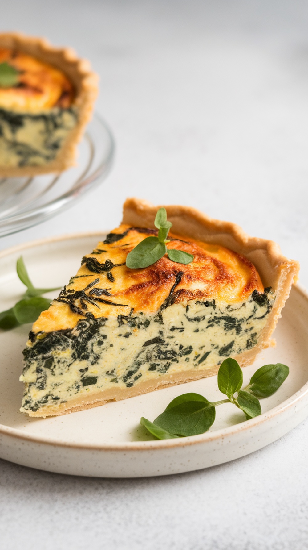 A slice of air fryer quiche with spinach and feta on a plate