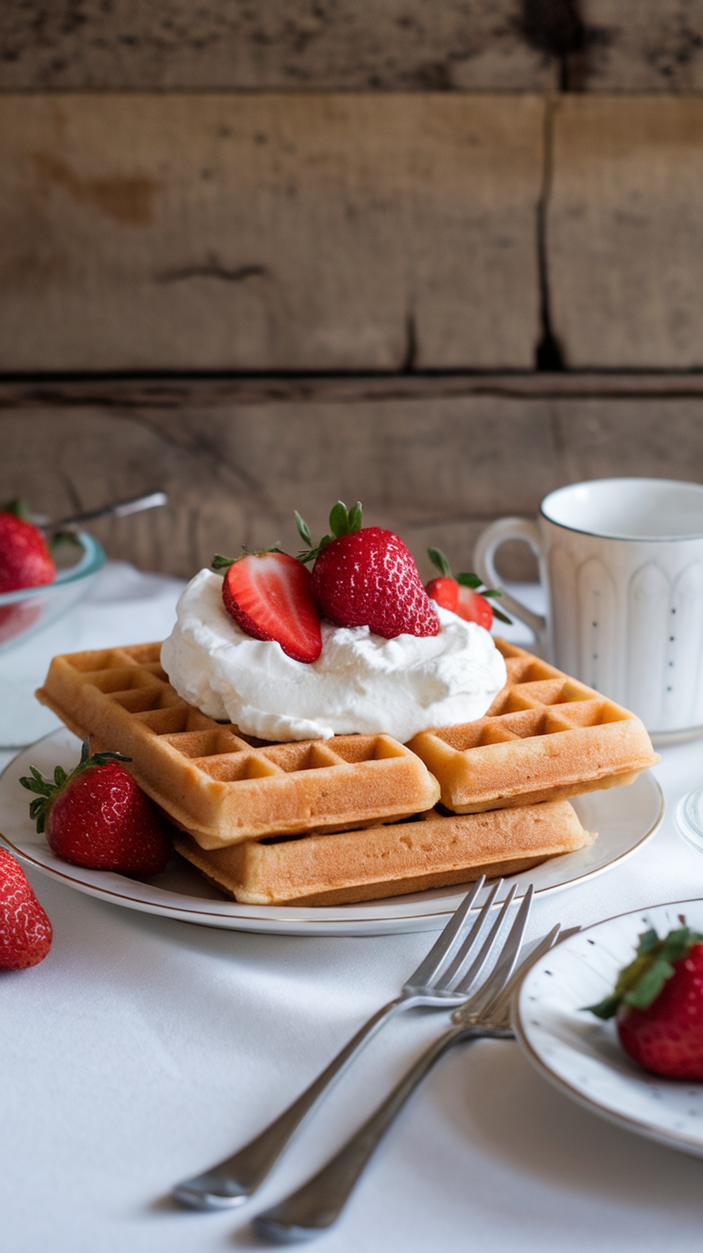 Delicious almond flour waffles with strawberries and whipped cream