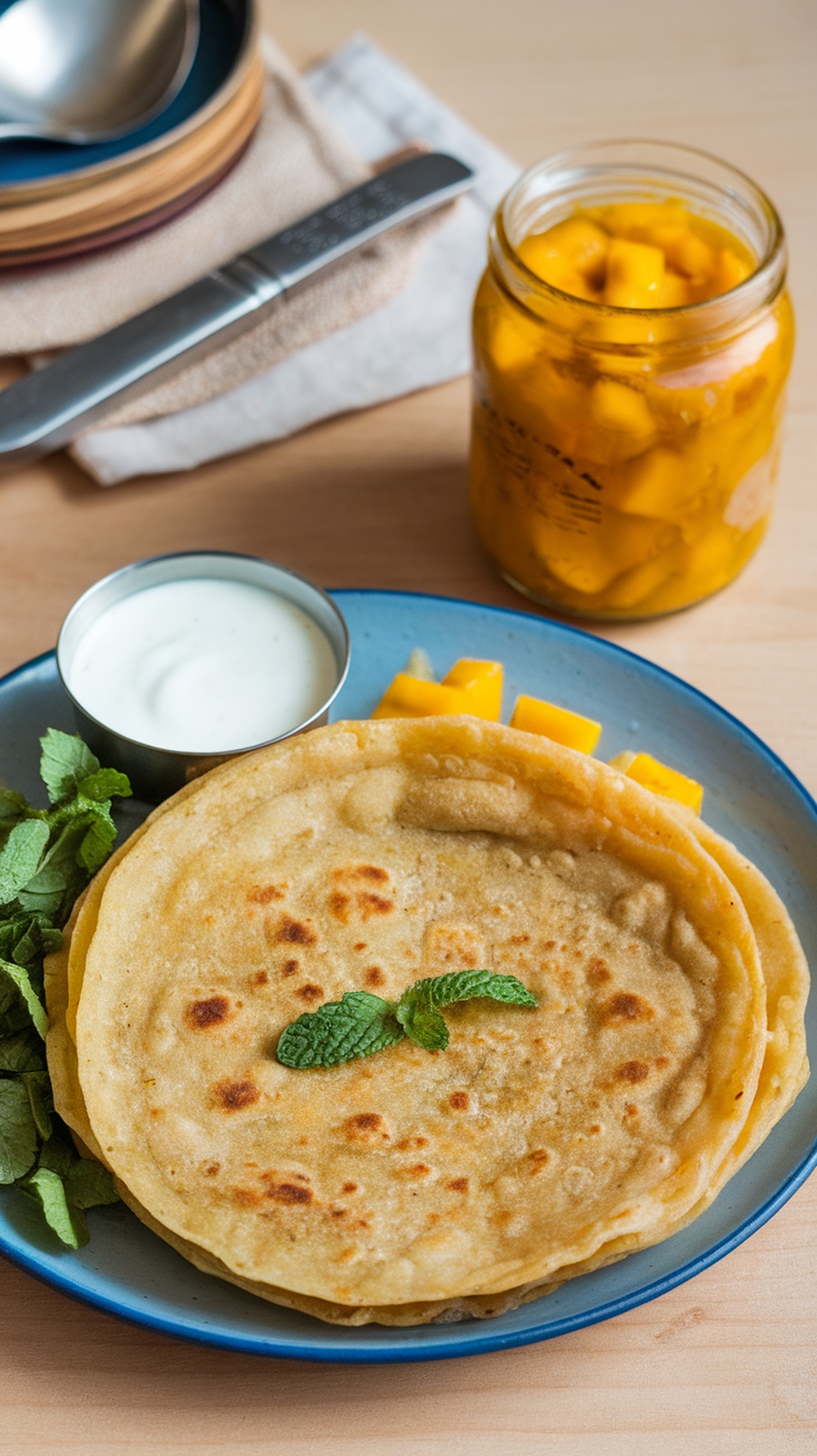 A plate of Aloo Paratha served with curd and mango pickle.