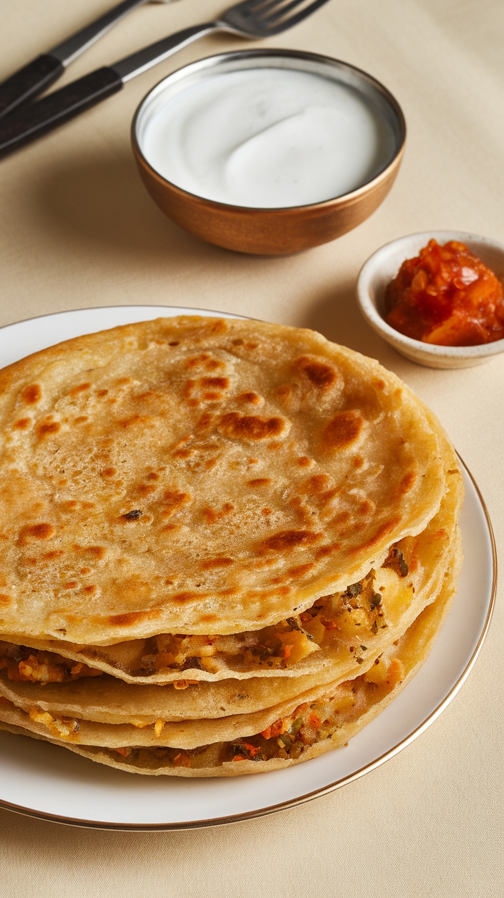 A plate of aloo paratha served with yogurt and pickle.