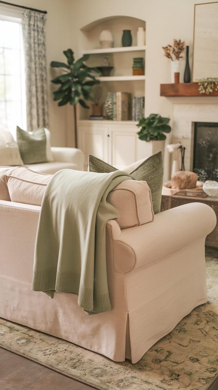 A light-colored sofa adorned with a soft sage green throw blanket, surrounded by decorative pillows and plants.