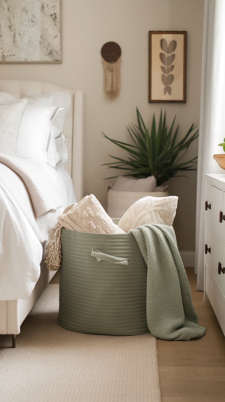 Sage green storage basket filled with blankets and pillows next to a bed in a cozy bedroom setting.