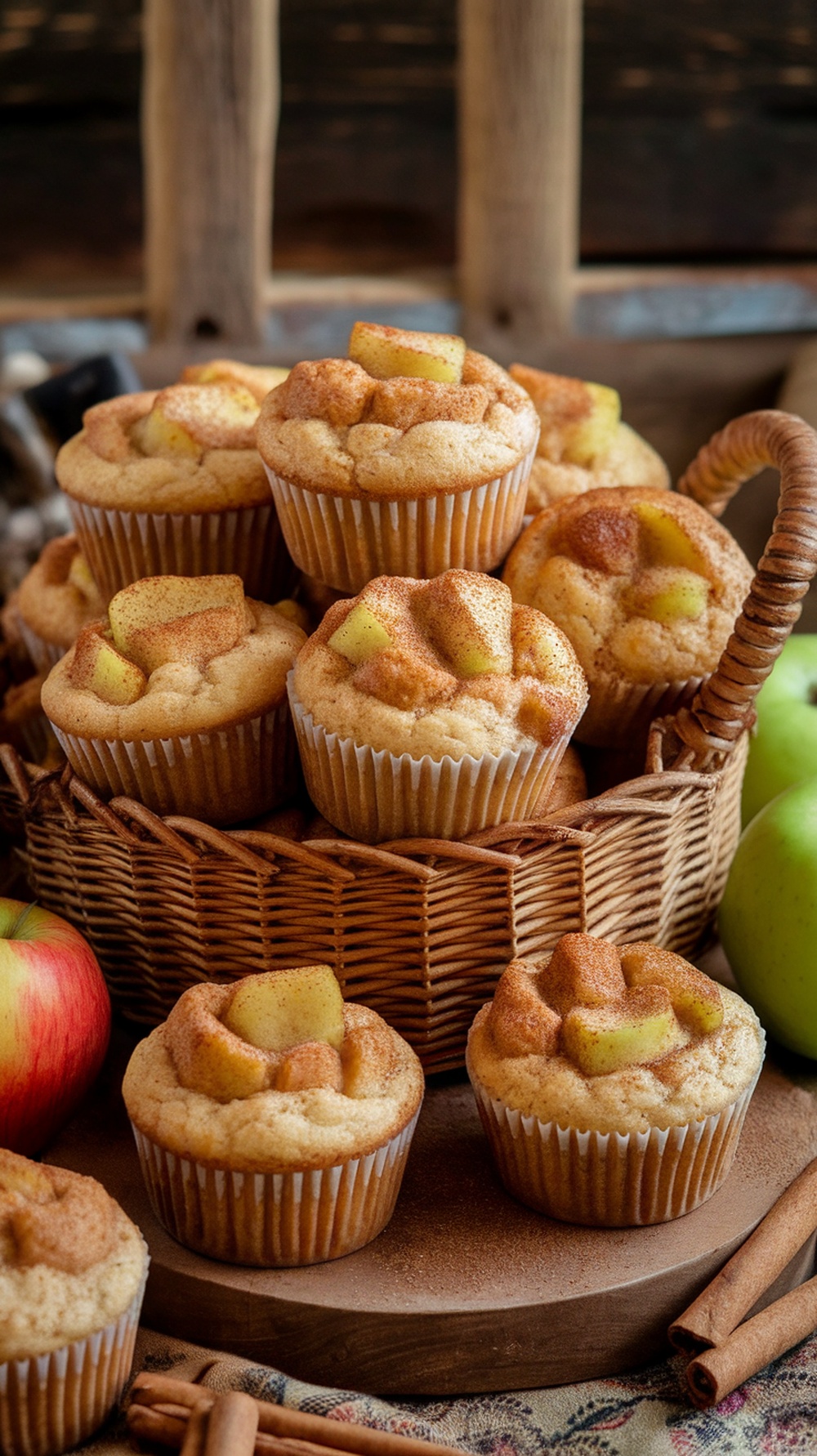 A basket filled with freshly baked apple cinnamon muffins.