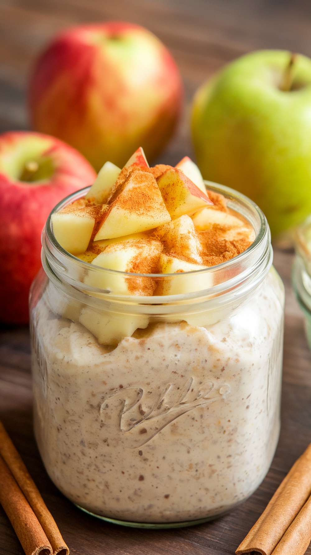 A jar filled with Apple Cinnamon Overnight Oats topped with diced apples and cinnamon.