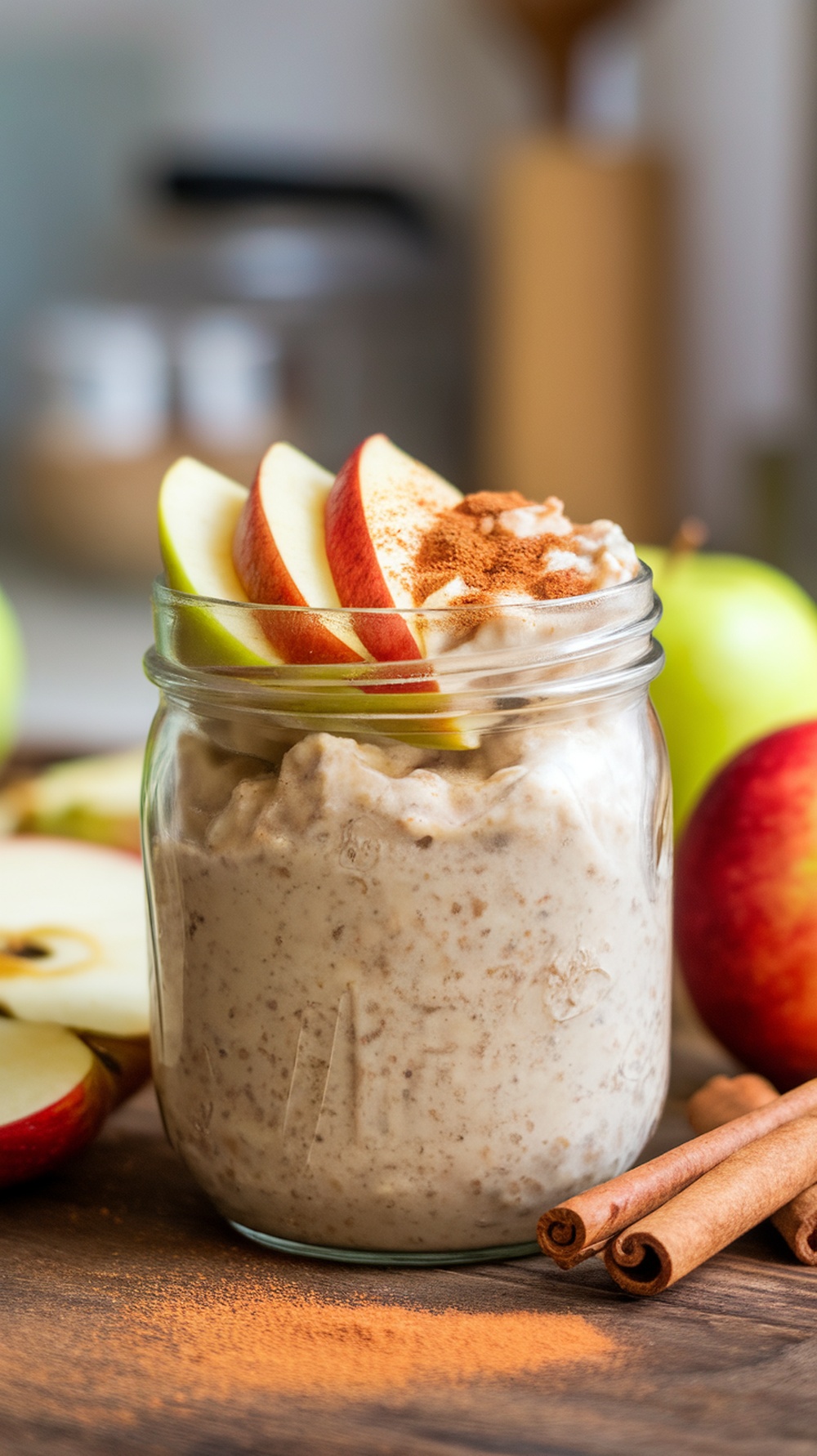 A jar of creamy apple cinnamon overnight oats topped with apple slices and cinnamon.