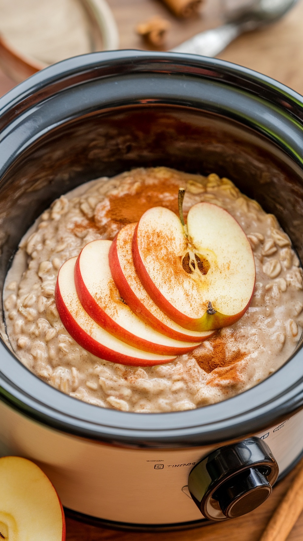 Bowl of apple cinnamon overnight oats topped with apple slices and cinnamon