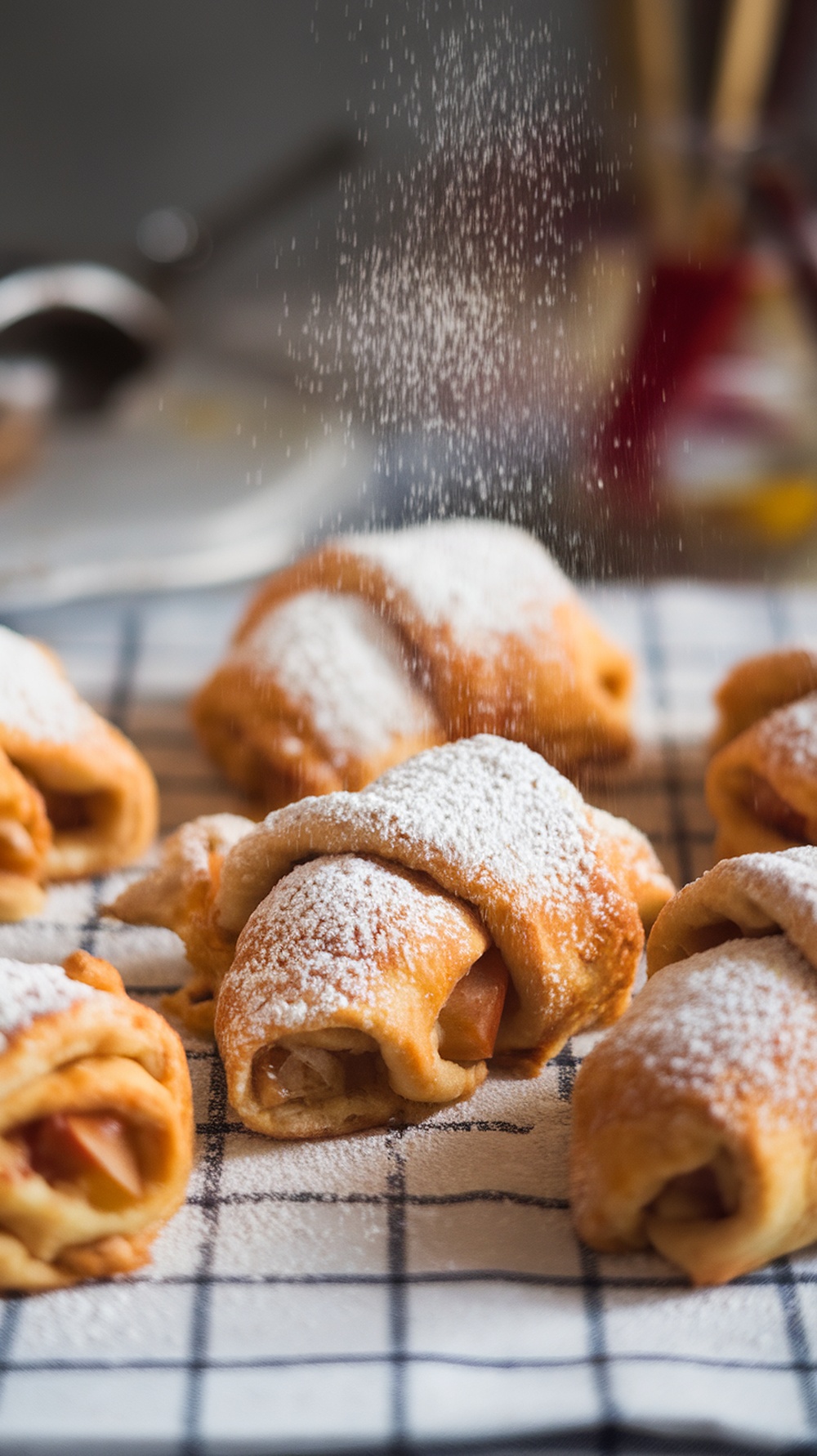 Delicious apple pie crescent roll ups sprinkled with powdered sugar.
