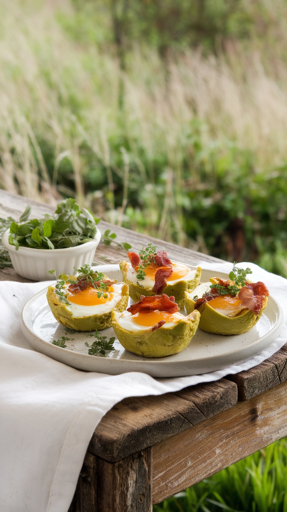 Delicious avocado and bacon egg cups served on a plate, garnished with herbs.