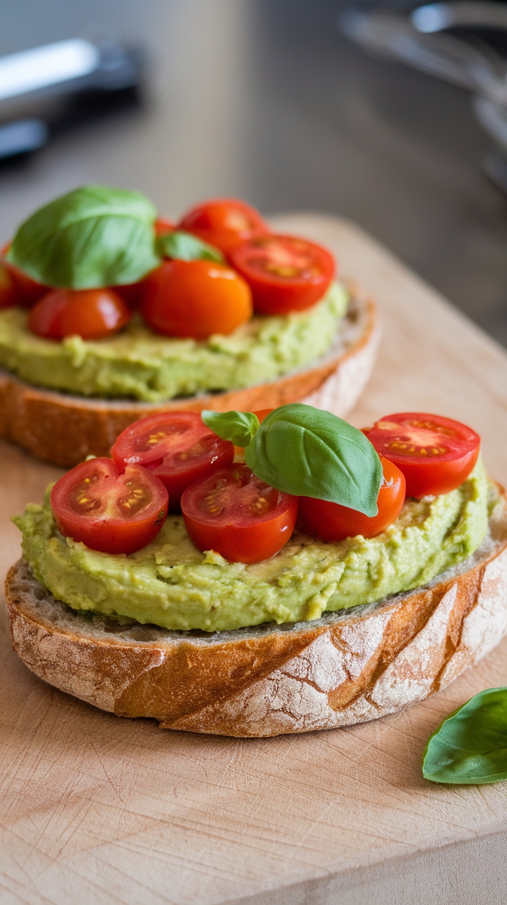 Avocado toast topped with cherry tomatoes and fresh basil