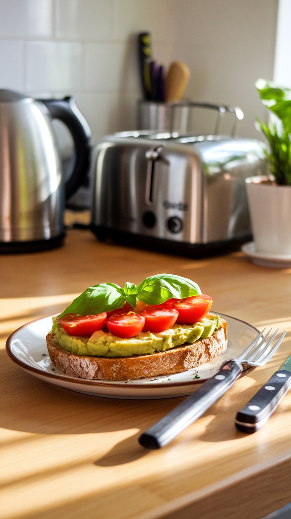 Delicious avocado toast topped with cherry tomatoes and basil on a plate.