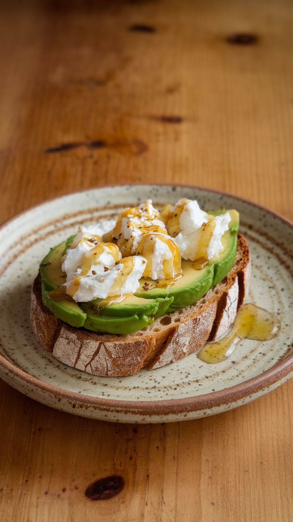 Avocado toast topped with goat cheese and honey on a plate
