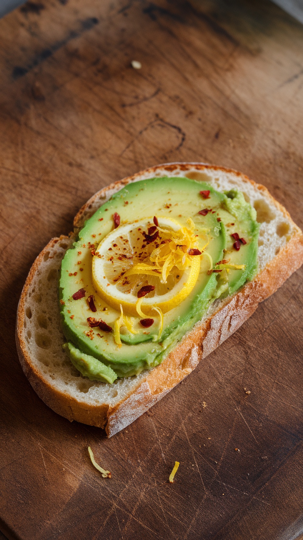 Avocado toast topped with lemon slices and chili flakes on a wooden surface.