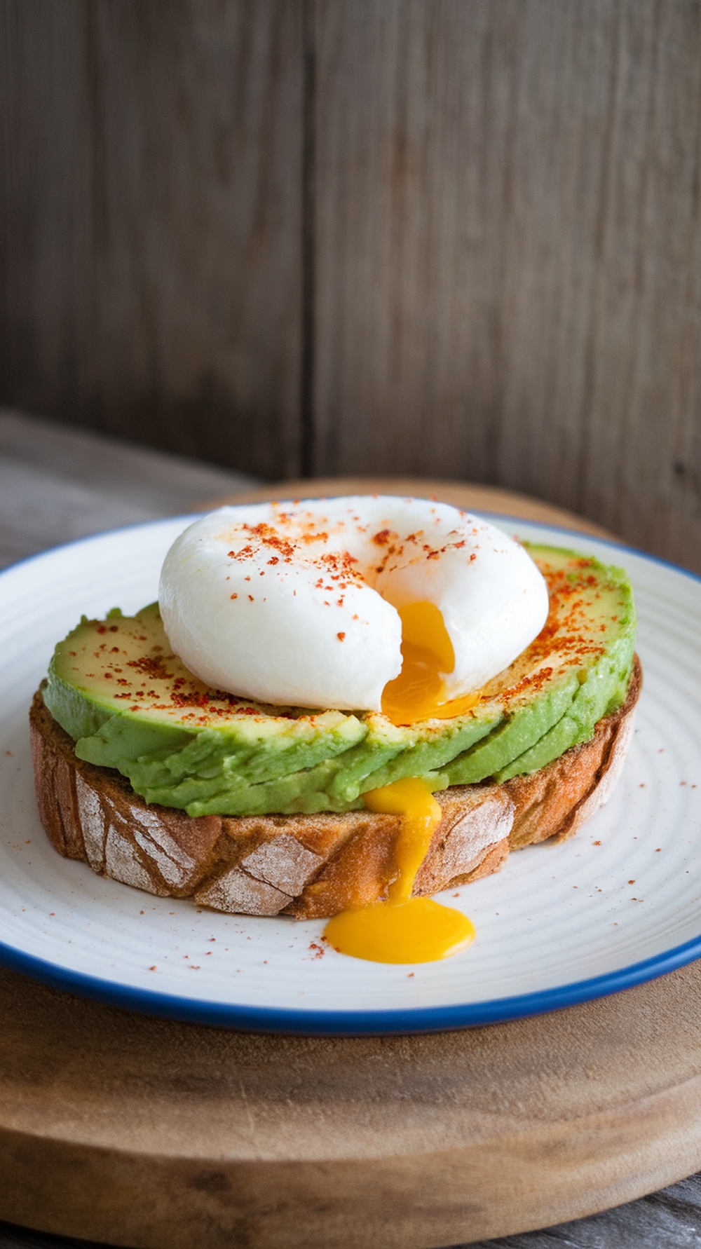 Avocado toast topped with a poached egg, drizzled with egg yolk and sprinkled with red pepper flakes.