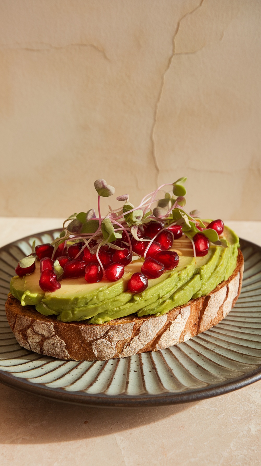 Avocado toast topped with pomegranate seeds and microgreens on a plate.
