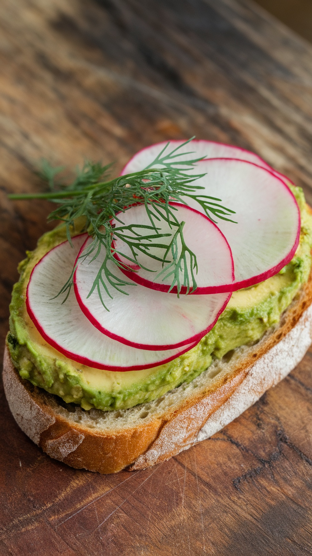 Avocado toast topped with radish slices and dill on whole-grain bread.