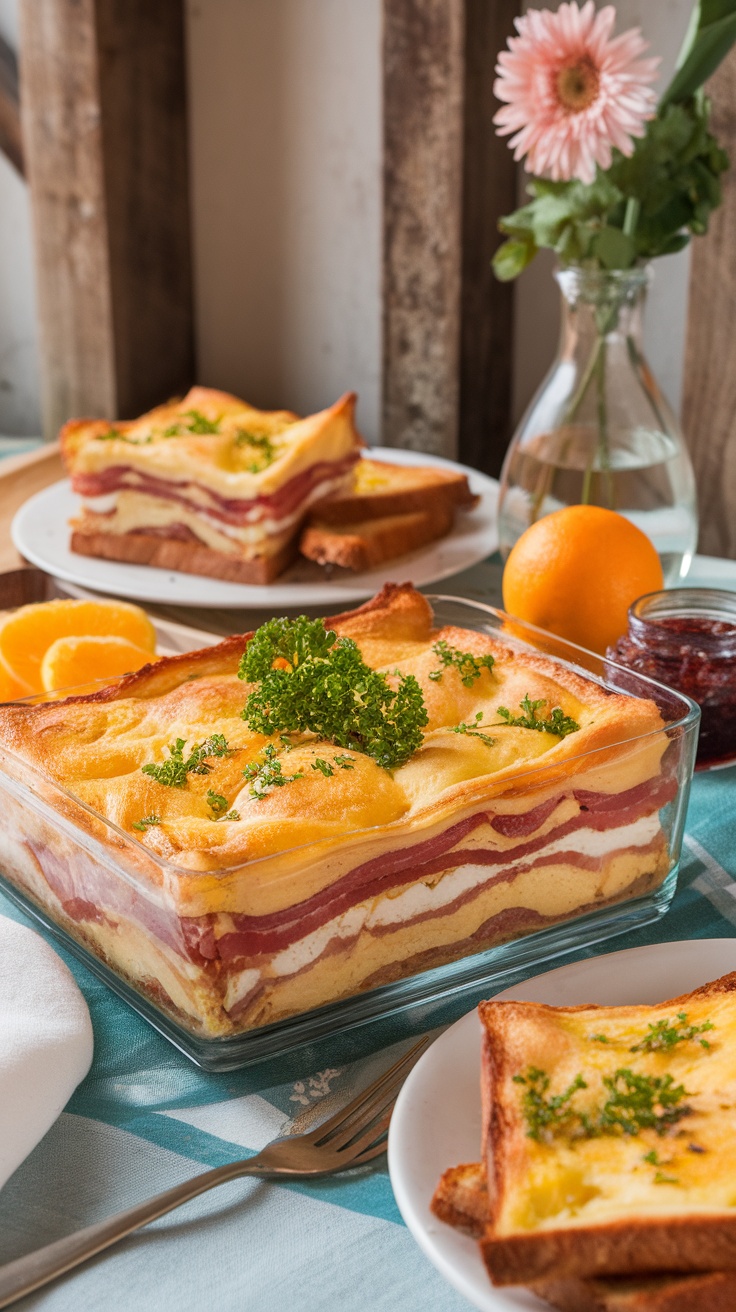 Bacon and Egg Breakfast Strata in a baking dish garnished with parsley.