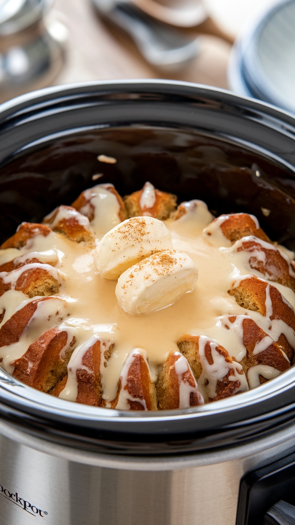 A delicious banana bread pudding topped with a sweet glaze and served in a crockpot.