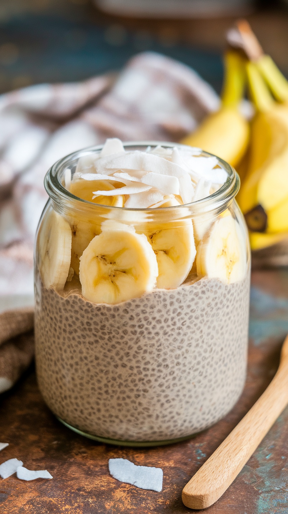 A jar of banana chia seed pudding topped with banana slices and coconut flakes.