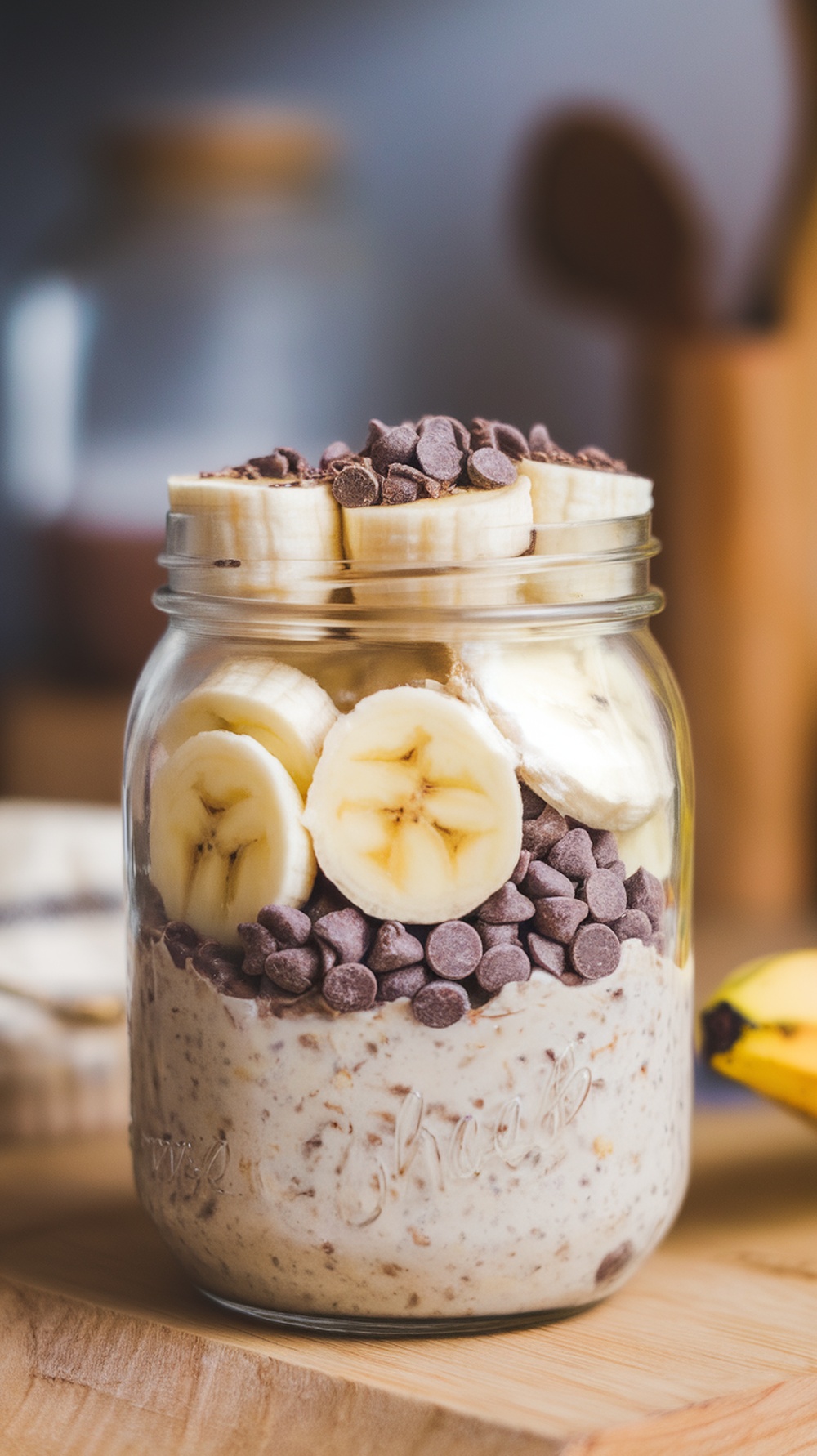 A jar of banana chocolate chip overnight oats topped with banana slices and chocolate chips.