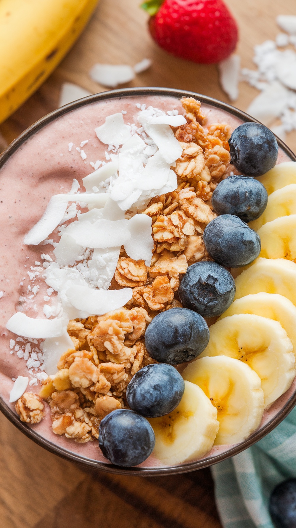 A bowl of banana coconut smoothie topped with granola, blueberries, and banana slices.