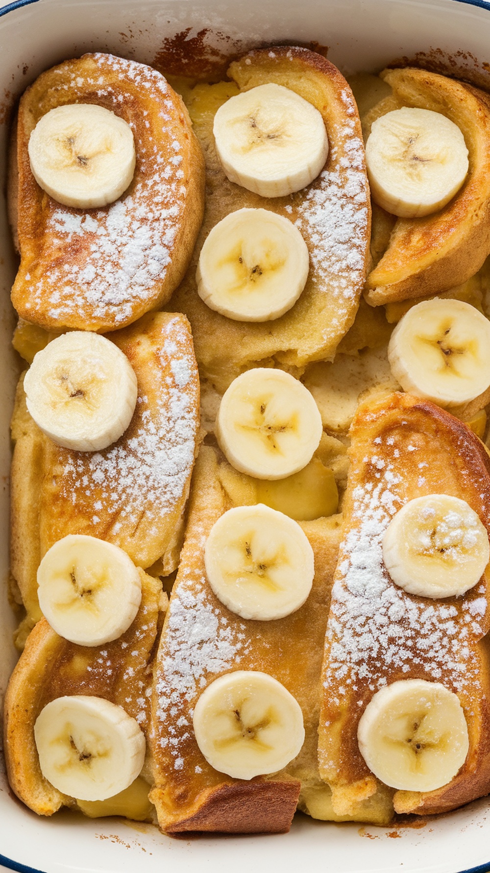 A delicious banana French toast casserole topped with banana slices and powdered sugar.