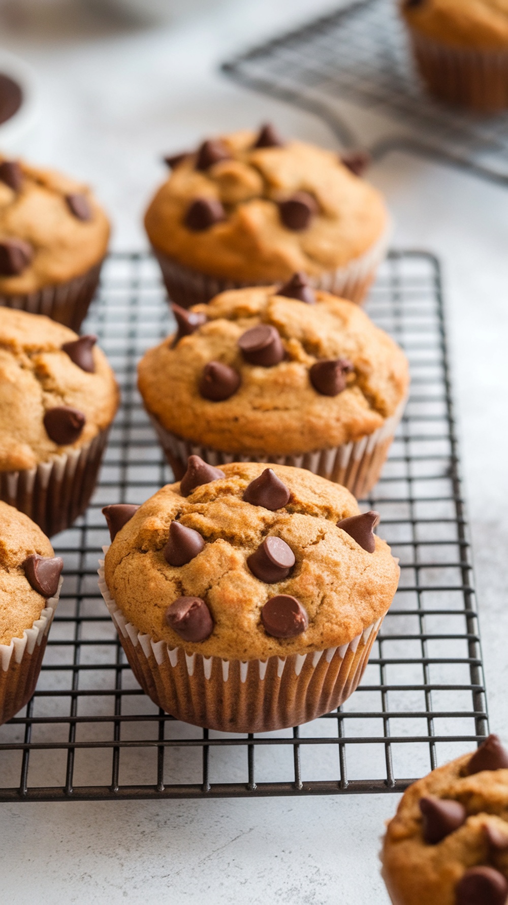 Delicious banana muffins topped with chocolate chips cooling on a rack.