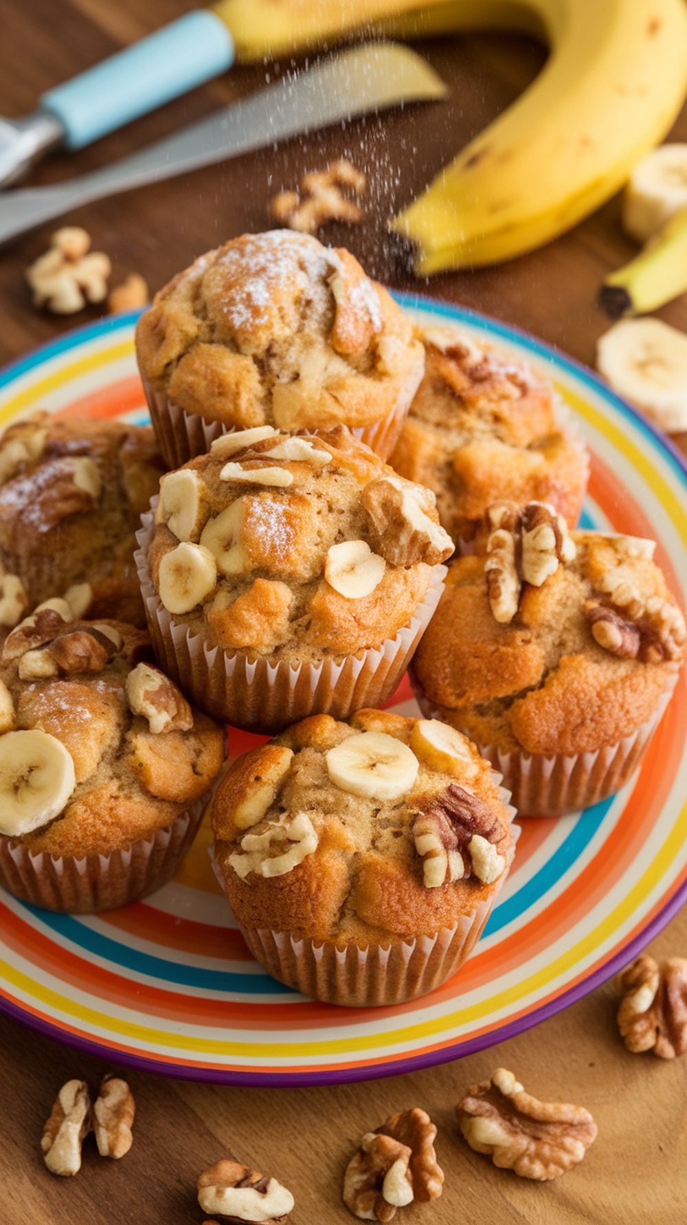Freshly baked banana nut muffins on a colorful plate