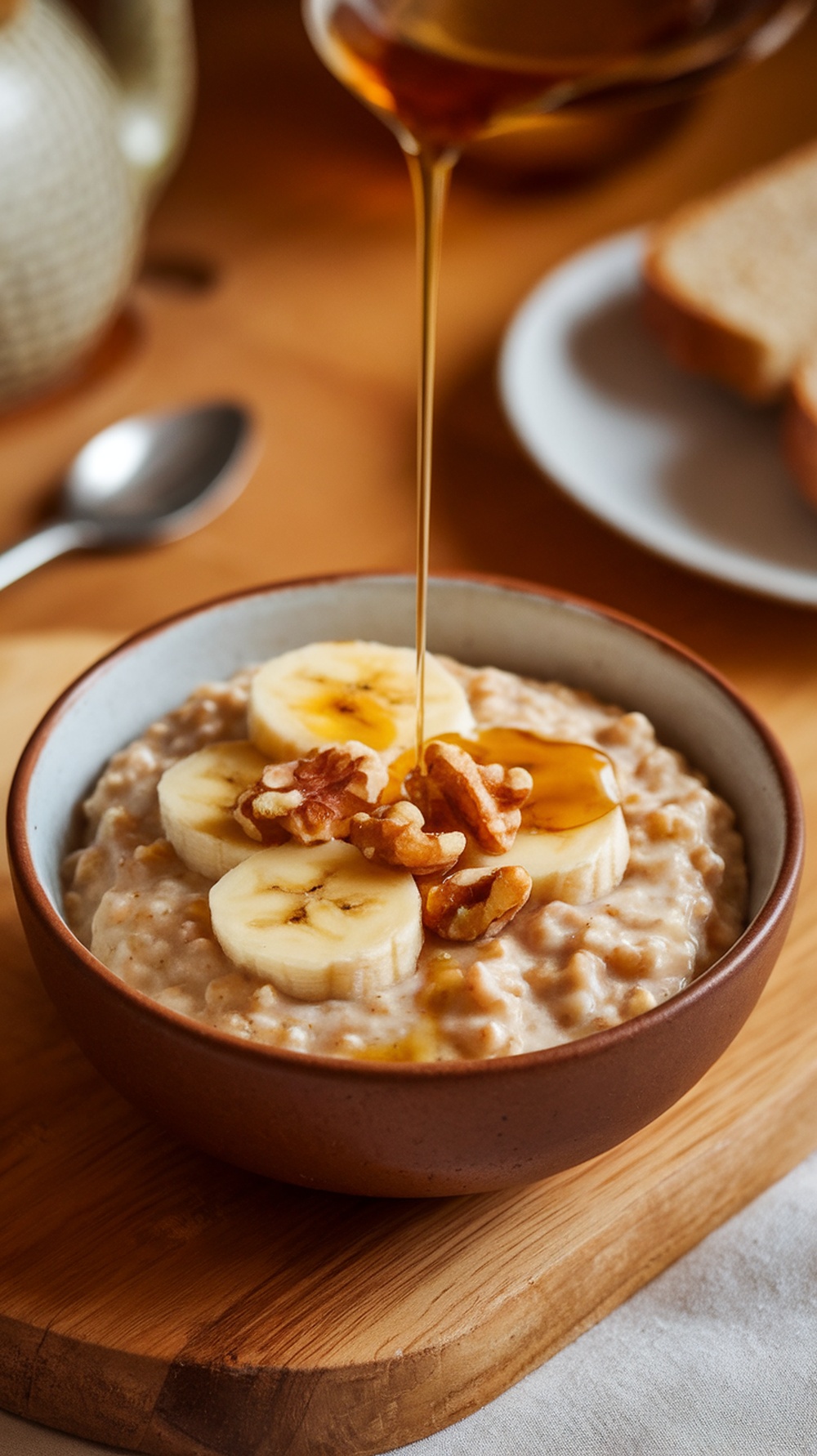 A bowl of creamy banana nut oatmeal topped with banana slices, walnuts, and a drizzle of honey.