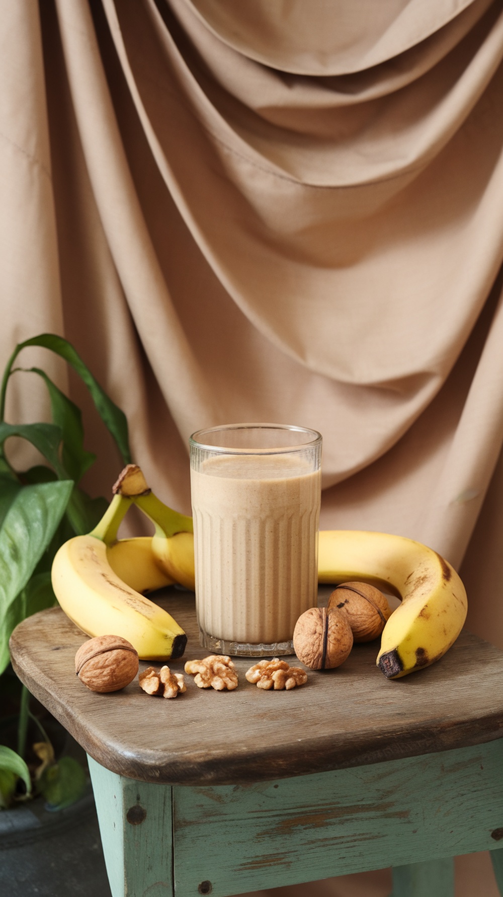 A glass of banana nut smoothie surrounded by bananas and walnuts.
