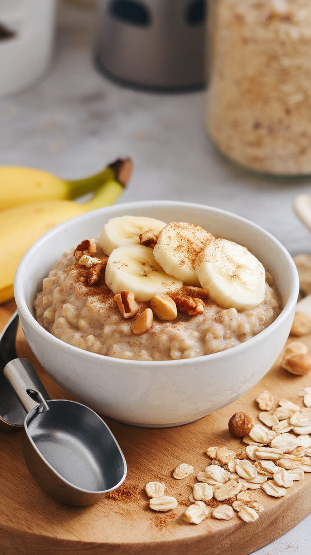 A delicious bowl of banana oatmeal topped with sliced bananas and nuts.