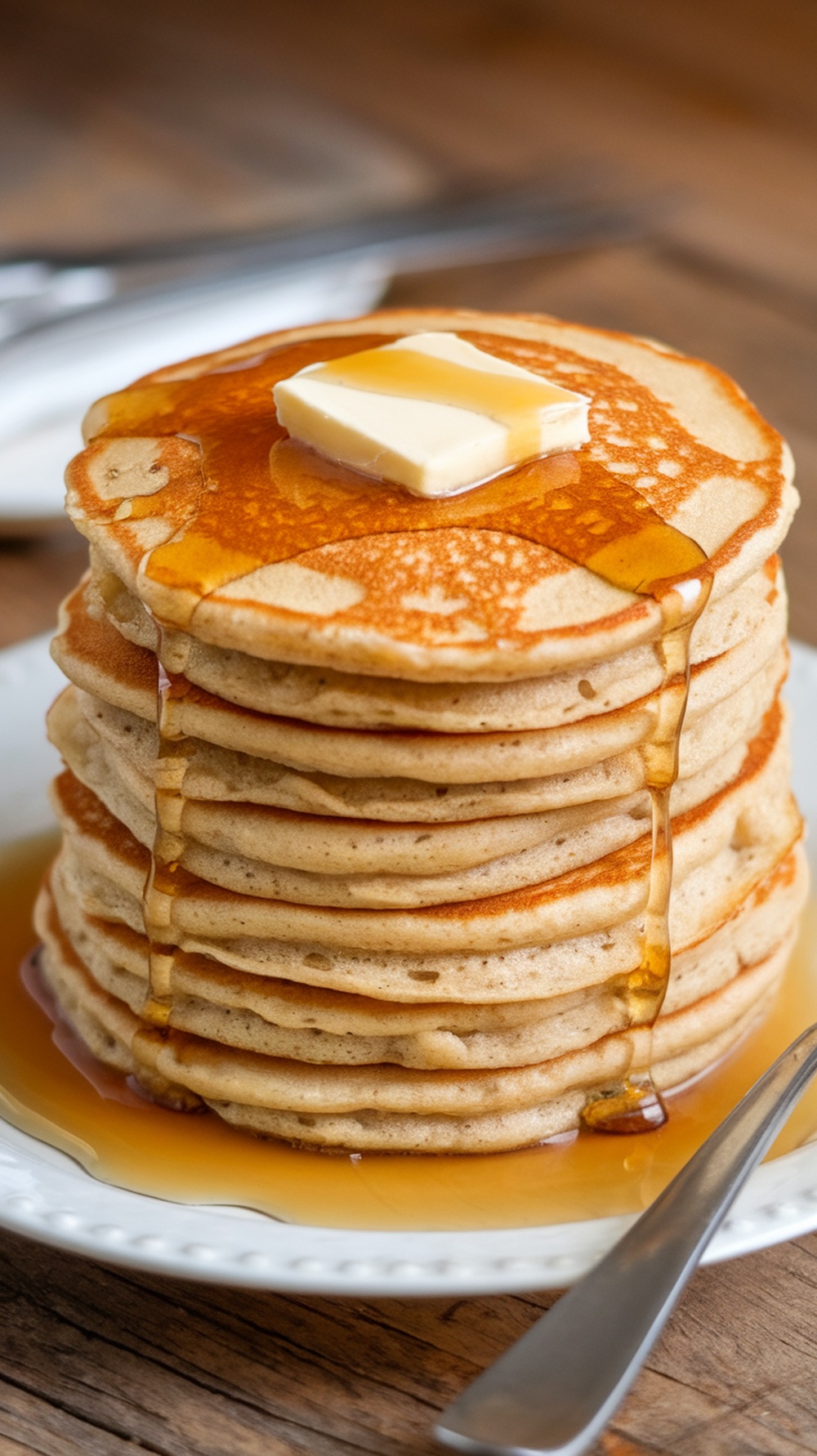 Stack of banana pancakes with butter and maple syrup