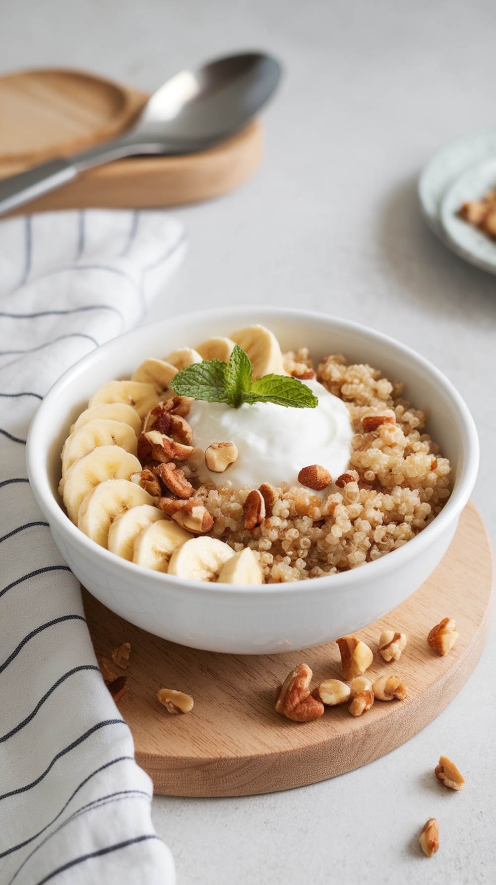 A bowl of banana quinoa breakfast topped with yogurt, sliced bananas, nuts, and a mint leaf