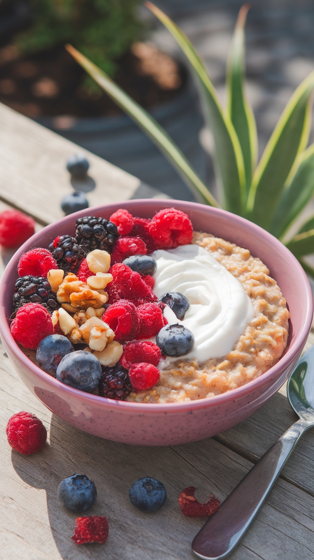 A colorful berry nut oatmeal bowl topped with raspberries, blueberries, and walnuts.