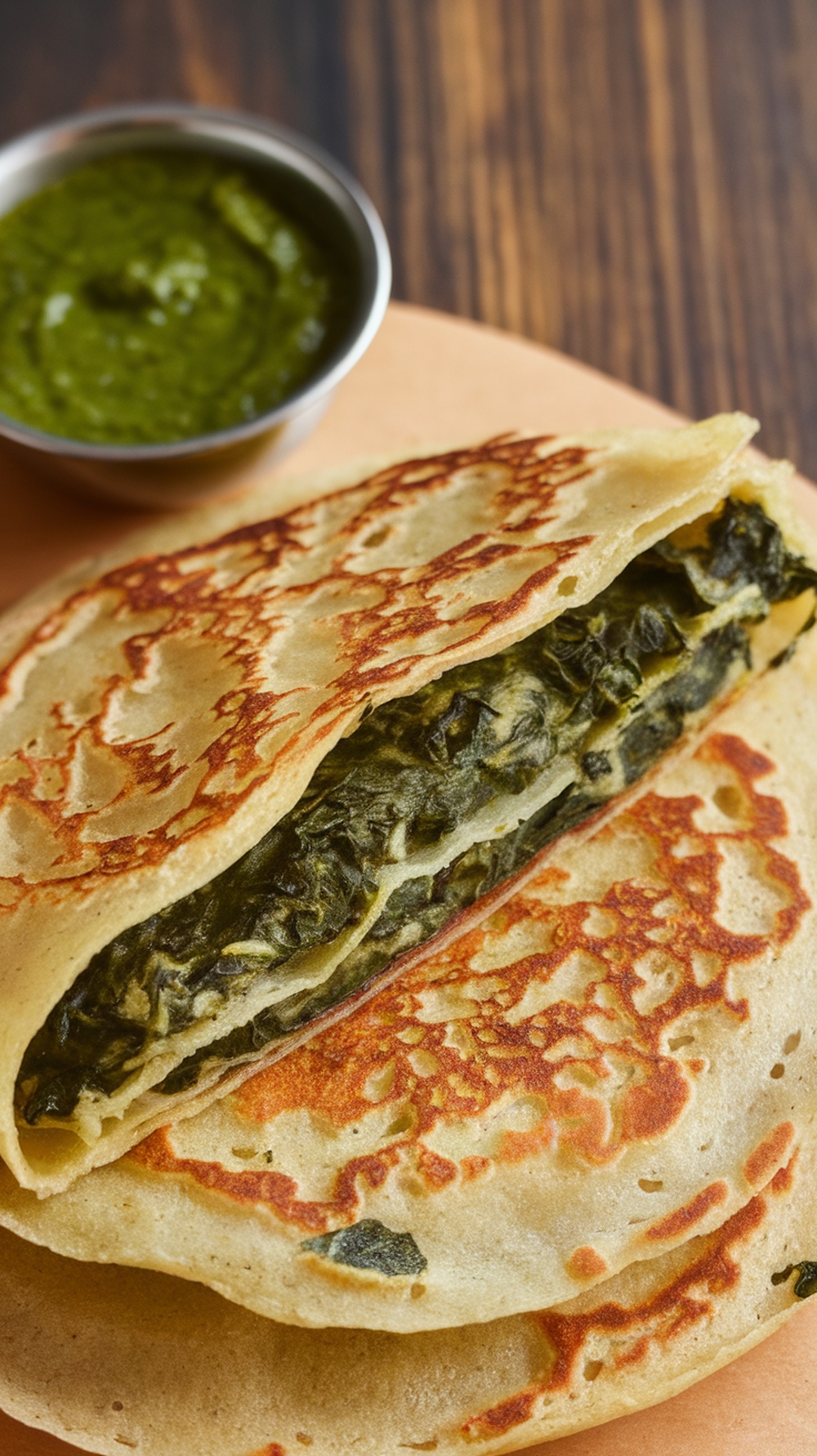 Delicious Besan Cheela with Spinach served with a side of chutney.