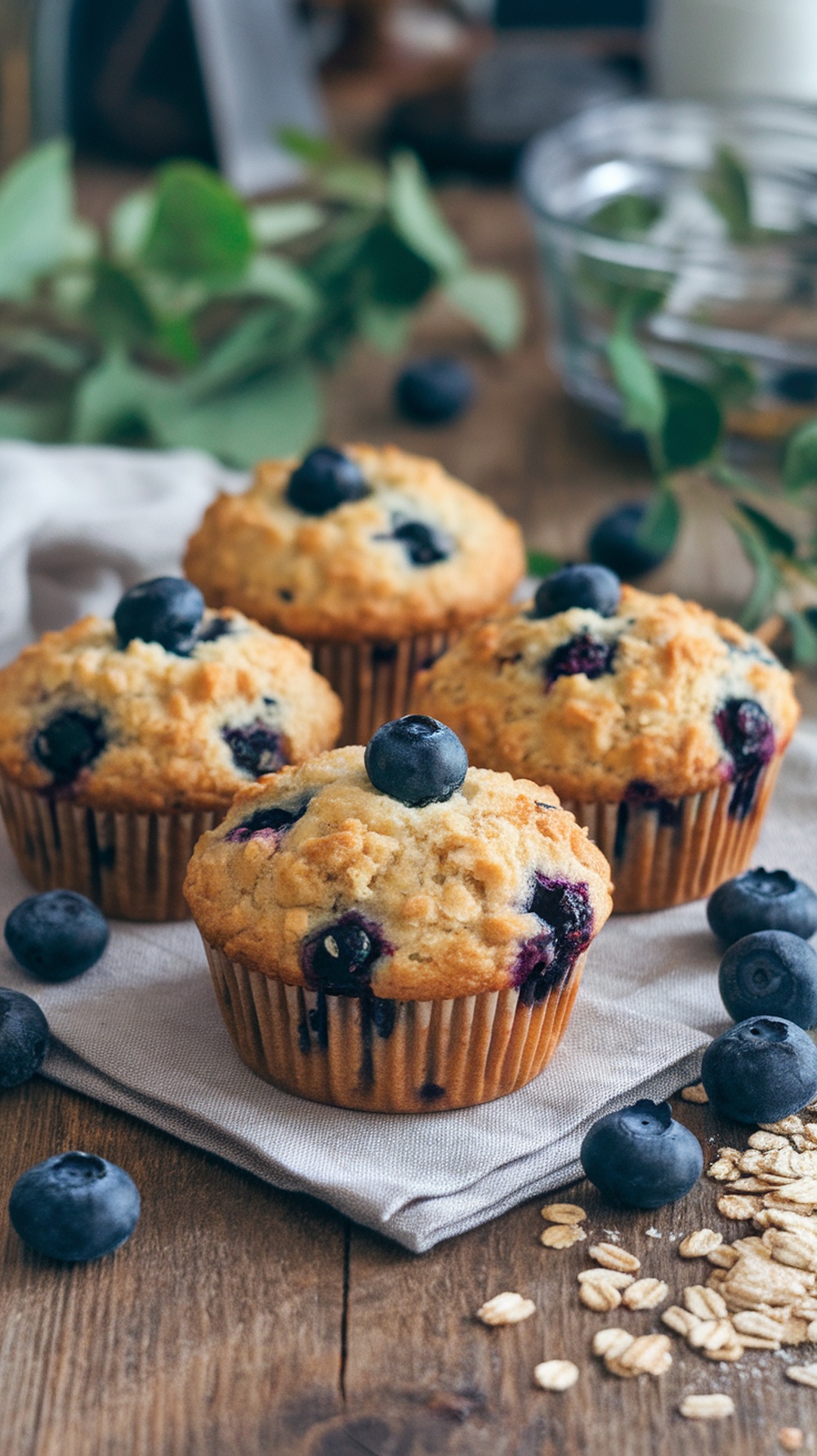 Four blueberry oatmeal muffins topped with fresh blueberries on a wooden table.
