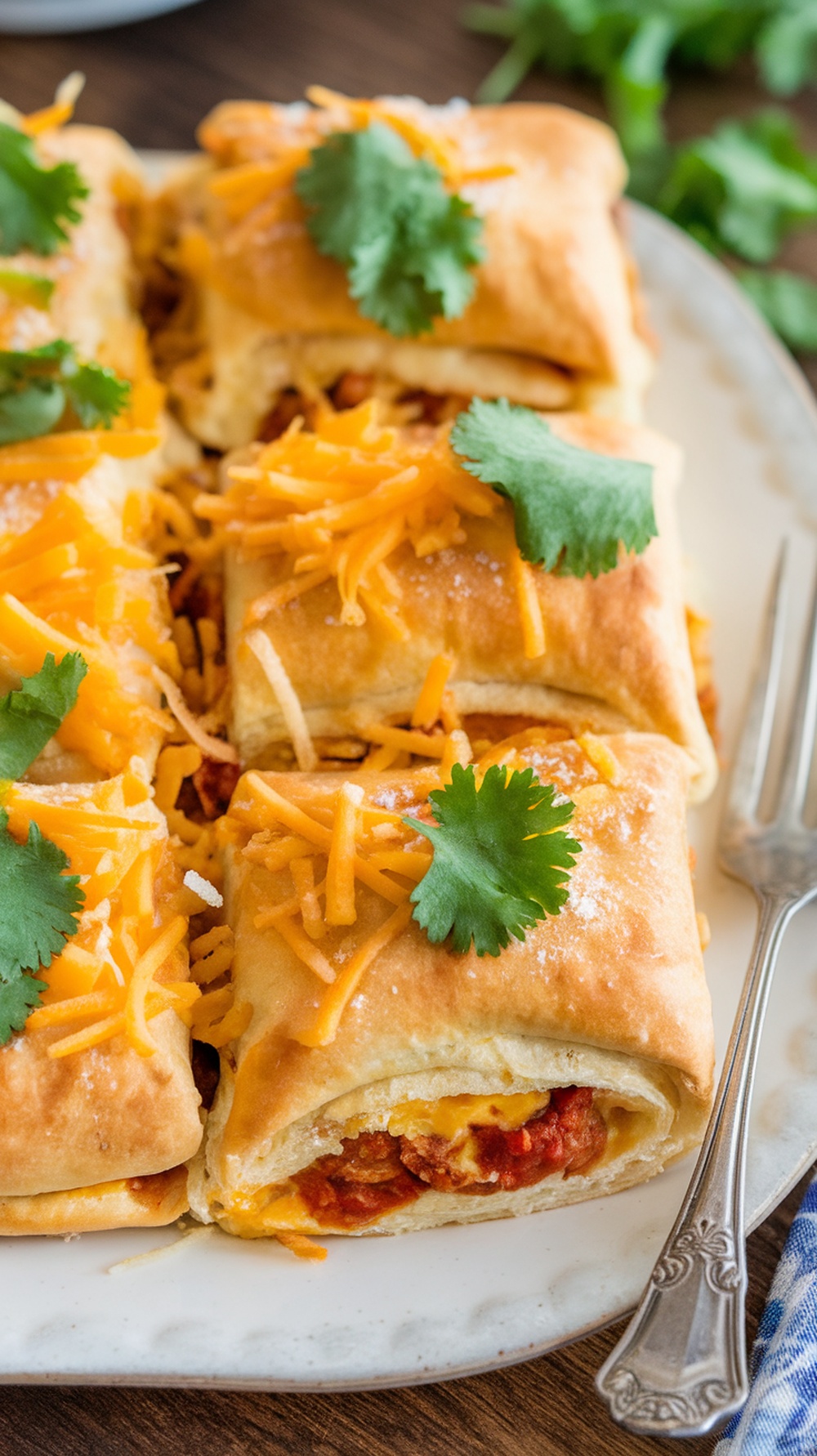 A delicious breakfast burrito casserole made with crescent rolls, cheese, and eggs